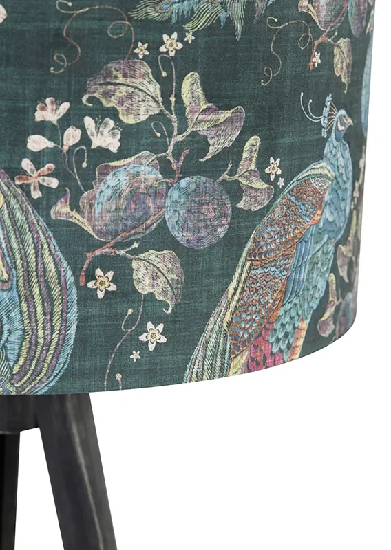 Stojaca lampa trojnožka čierna s tienidlom páv 50 cm - Tripod Classic
