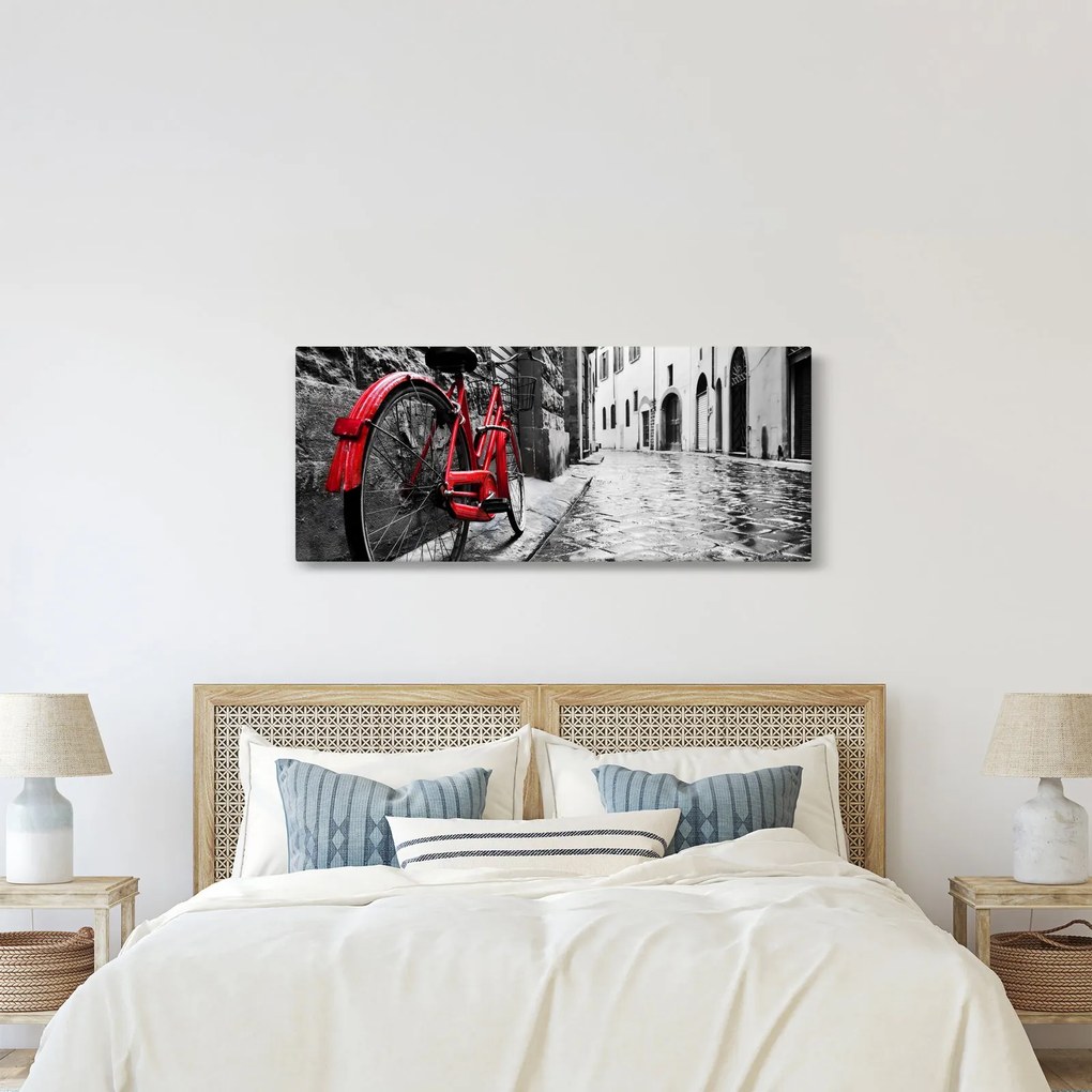 Obraz červeného kolesa na dláždenej ulici (120x50 cm)