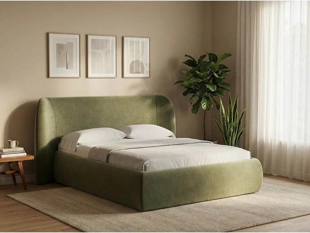 Zelená čalúnená dvojlôžková posteľ s úložným priestorom s roštom 160x200 cm Hauke – Makamii