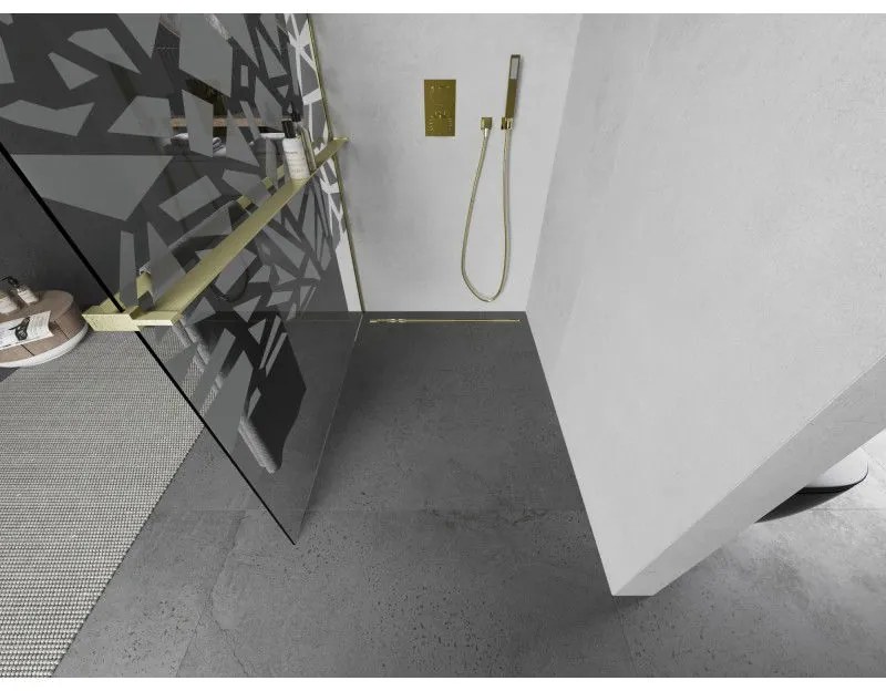 Mexen Kioto+, sprchová zástena Walk-In s poličkou a vešiakom 100 x 200 cm, 8mm číre sklo biely vzor, zlatý matný profil, 800-100-121-55-85