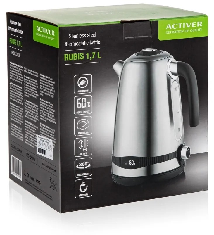 Activer Rýchlovarná kanvica s termostatom Rubis 1,7 l, nerez/čierna