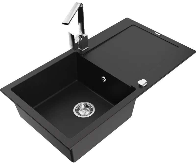 Mexen Leo, drez granitový 900x500x190 mm, 1-komorový, čierna s chrómovým sifónom a chrómová drezová batéria Rita, 6501-77-670300-00