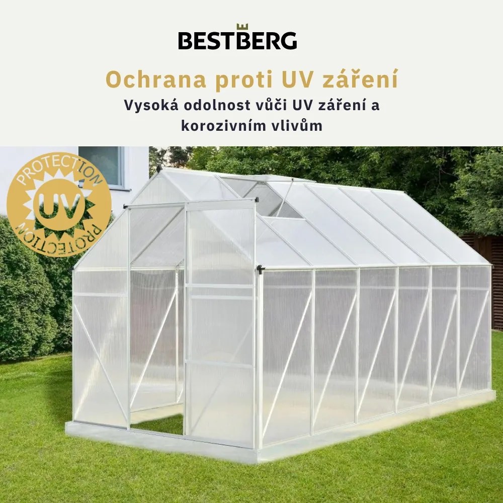 Skleník so základňou BestBerg SH-7 / 7 m² / 190 x 371 x 207 cm / strieborná
