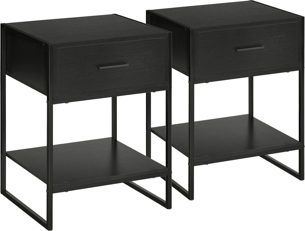 HOMCOM Sada 2 moderných nočných stolíkov, 2 nočné stolíky do spálne a obývačky, so zásuvkou a otvorenou policou, moderný dizajn, MDF a oceľ, 45x40x60c