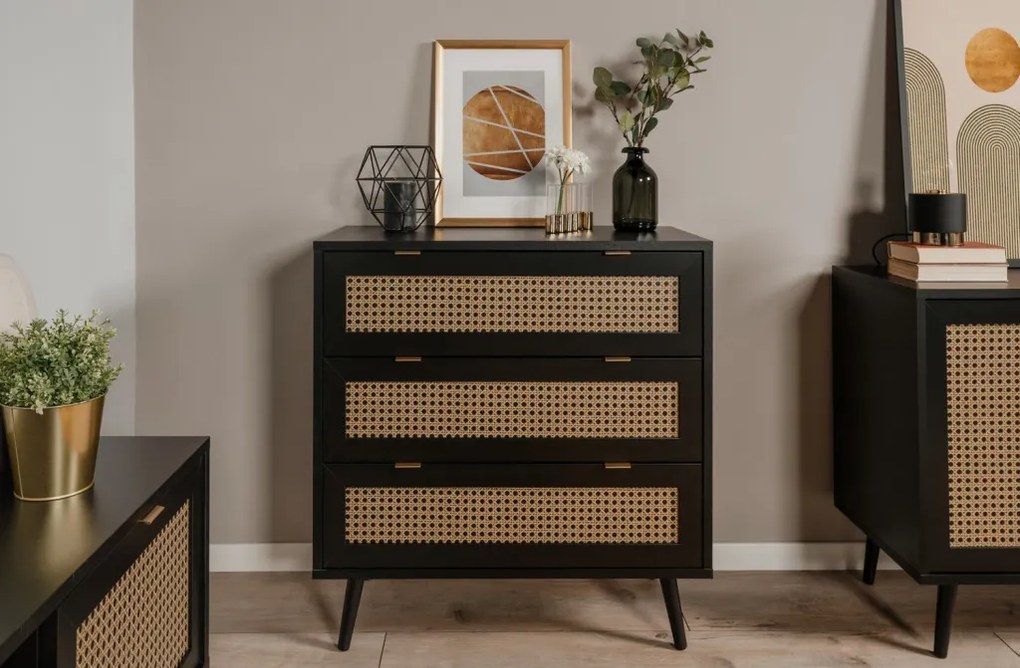 Zásuvková komoda Vienna, čierna/výplet