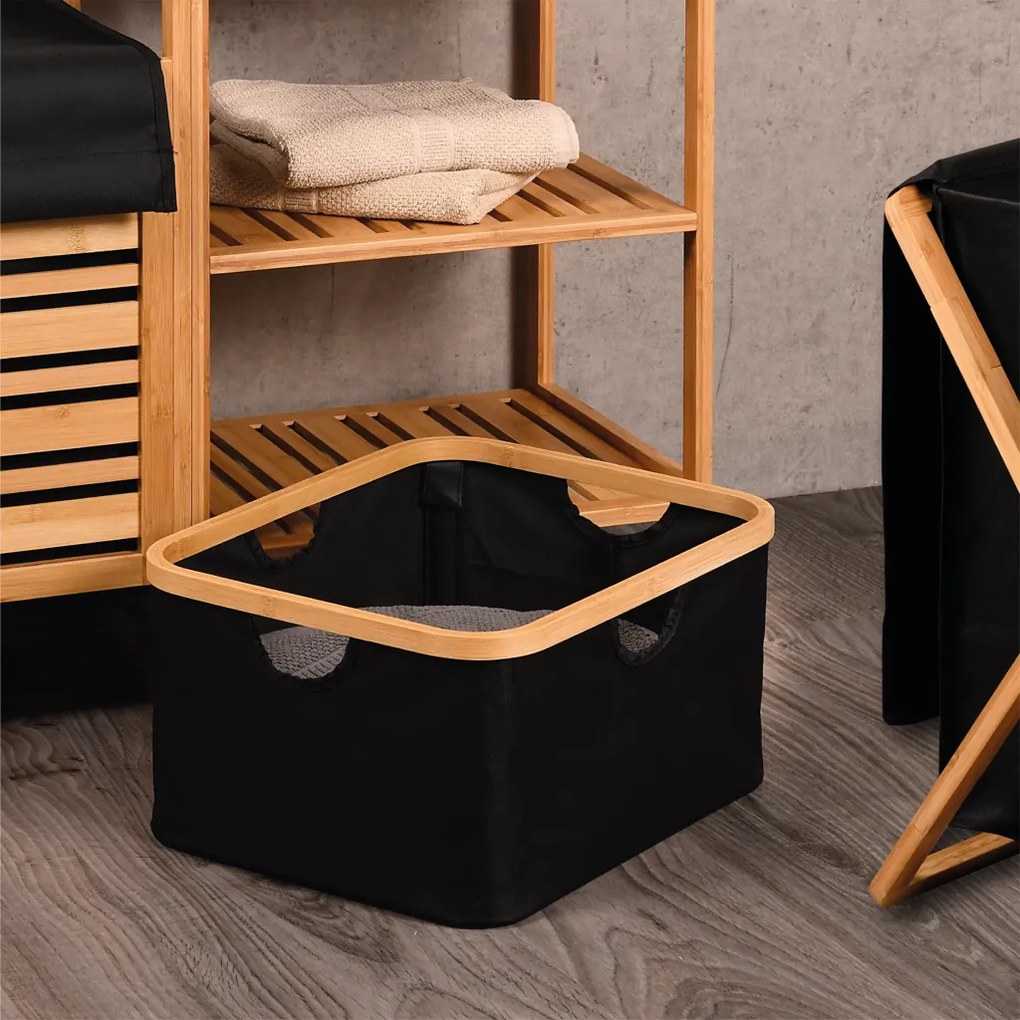 Úložný box - košík, textilný čierny s bambusovým rámom XXL, 57x37x26