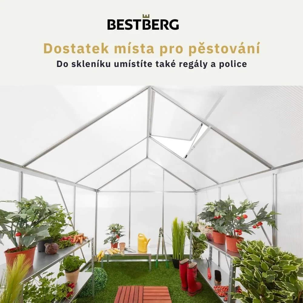 Skleník so základňou BestBerg SBP-4 / 3,6 m² / 190 x 190 x 201 cm / strieborná