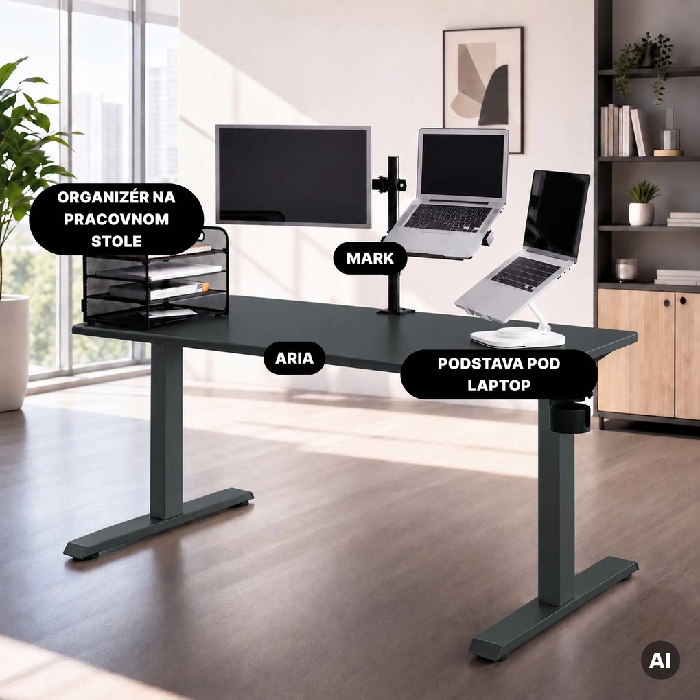 Elektrický stôl s reguláciou výšky ergonomický antracitový,1400x700 mm: ARIA
