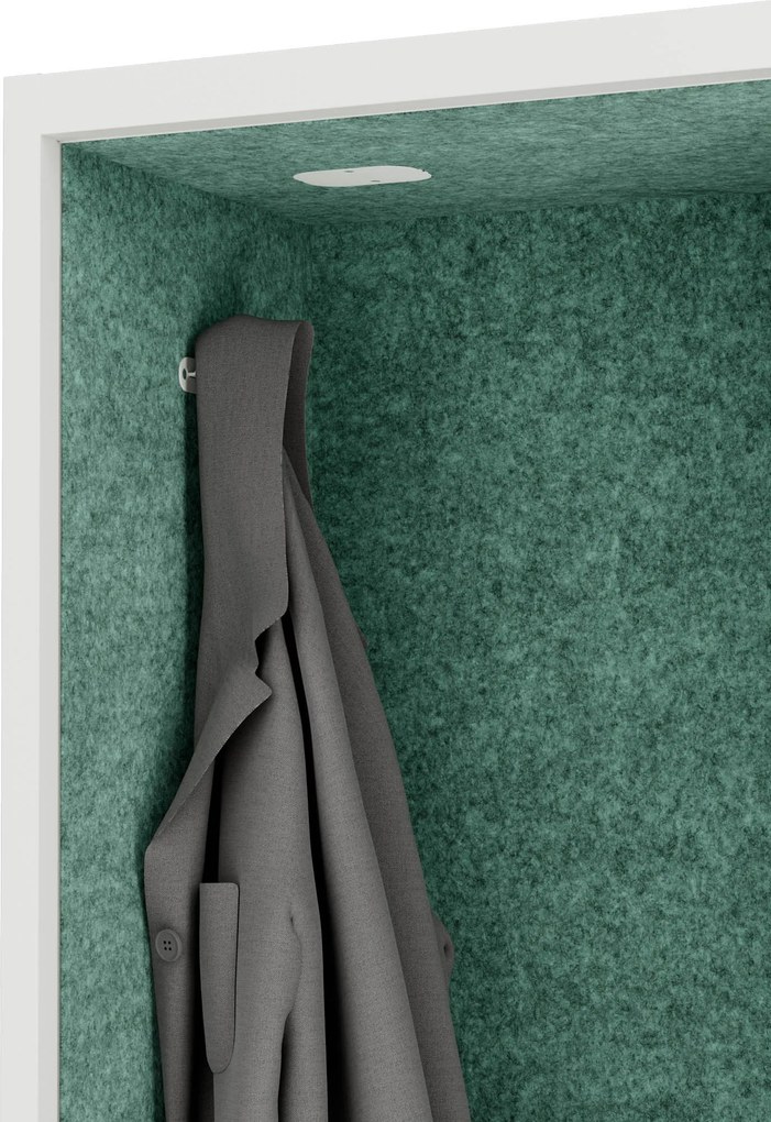 Kancelárska akustická kabína so sedadlom a portom USB-C, telo v Biely farbe / sedadlo v zelenej farbe, 600 mm: SALLY MentalBox
