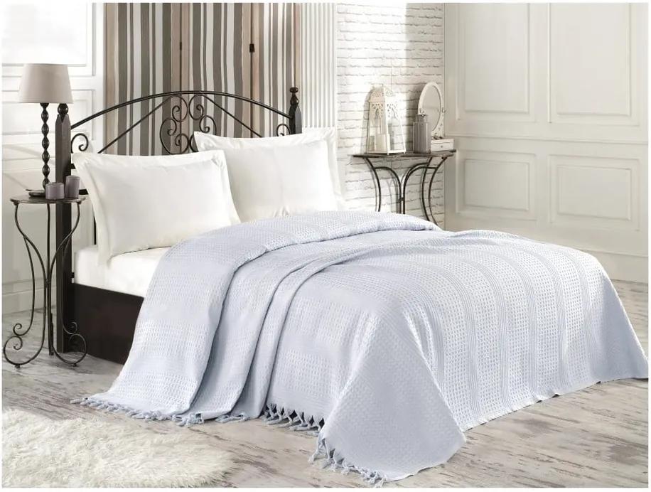 Svetlomodrý bavlnený pléd cez posteľ na dvojlôžko Roman, 220 × 240 cm