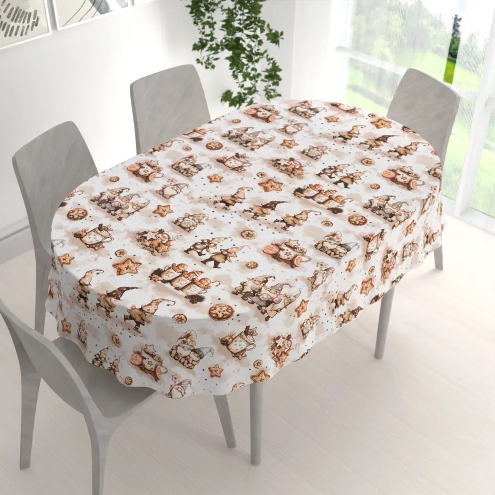 Biante Bavlnený oválny obrus Sandra SA-663 Hnedí škriatkovia s perníčkami na bielom 140x220 cm