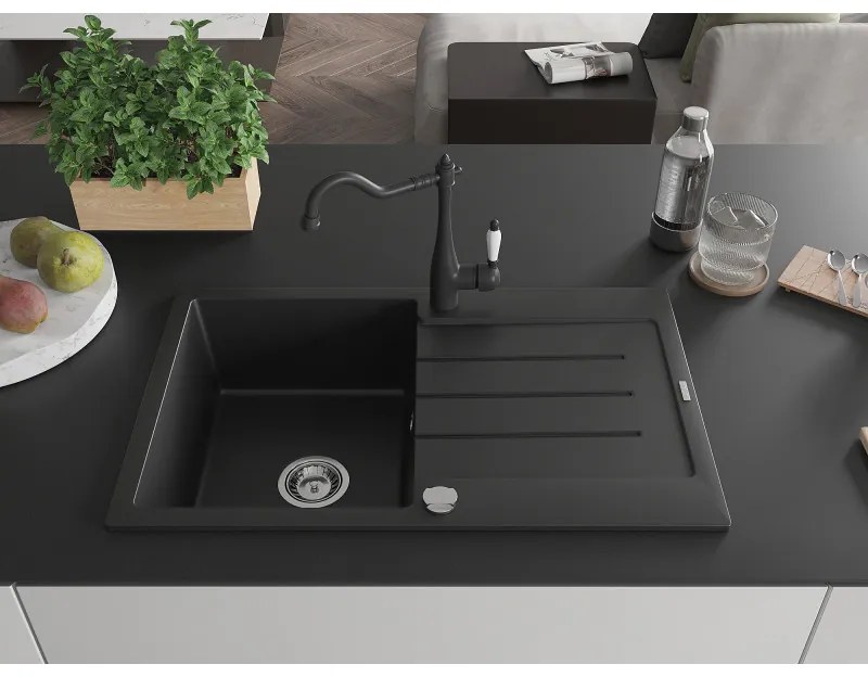 Mexen Bruno, granitový drez 795x495x200 mm, 1-komorový a drezová batéria Carla, čierna, 6513-77-670700-70