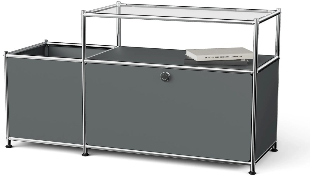 Kovová nízka skrinka »CN3« s výklopným priečinkom a sklenenou doskou, sivá