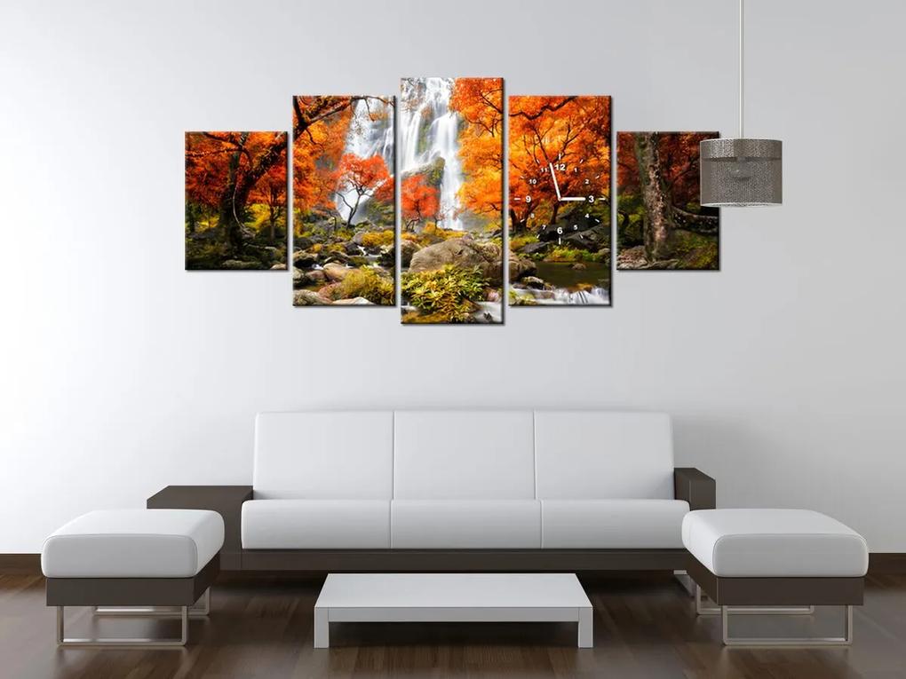 Gario Obraz s hodinami Jesenný vodopád - 5 dielny Rozmery: 150 x 70 cm