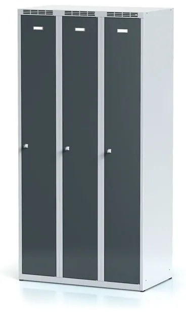 Alfa 3 Kovová šatníková skrinka 3-dielna, 1800 x 900 x 500 mm, otočný zámok, tmavo sivé dvere