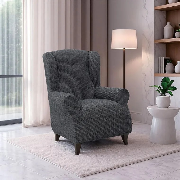 Super strečové poťahy RUBINIA antracitová kreslo ušiak (š. 70 - 95 cm)