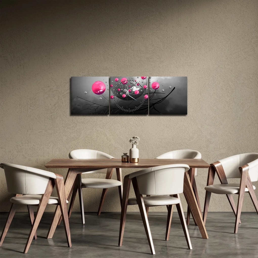 Obraz ružových abstraktných gulí (s hodinami) (90x30 cm)