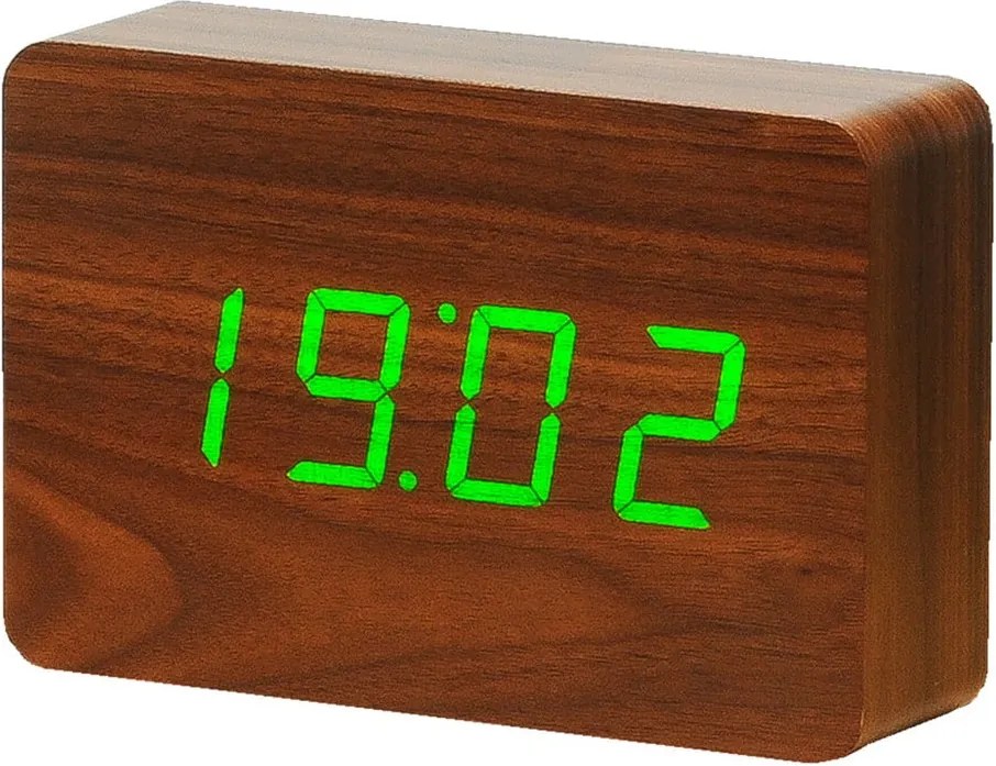 Tmavohnedý budík so zeleným LED displejom Gingko Brick Click Clock