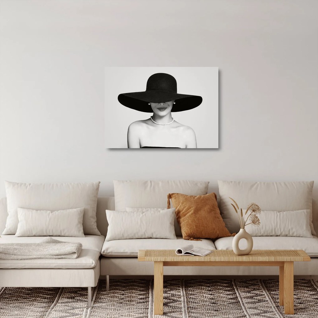 Sklenený obraz - Žena s klobúkom (70x50 cm)