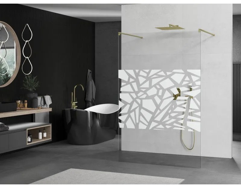 Mexen Kioto, sprchová zástena Walk-In 130 x 200 cm, 8mm číre sklo biely vzor, zlatý matný profil, 800-130-002-55-85