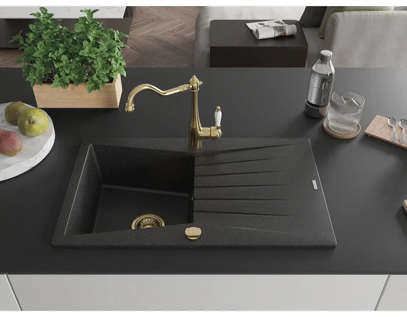 Mexen Cesar, 1-komorový granitový drez 775x470x190 mm a drezová batéria Carla, čierna-strieborná metalíza, 6514-73-670700-50