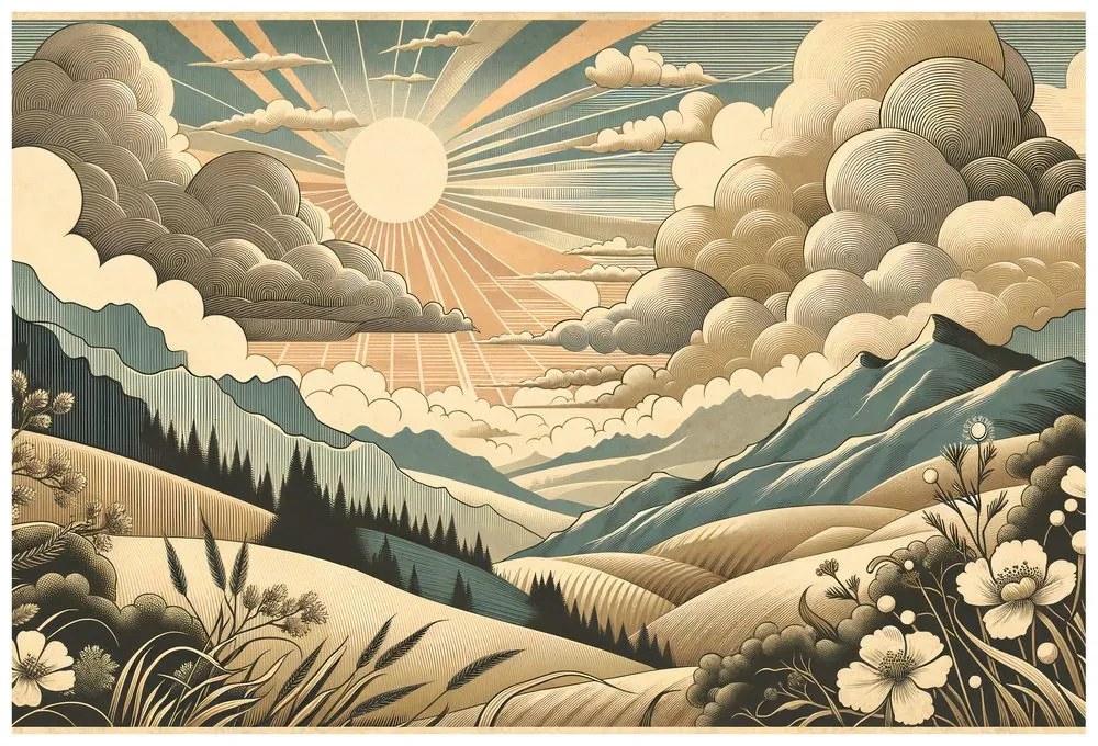 Samolepiaca tapeta retro krajina s horami a slnkom