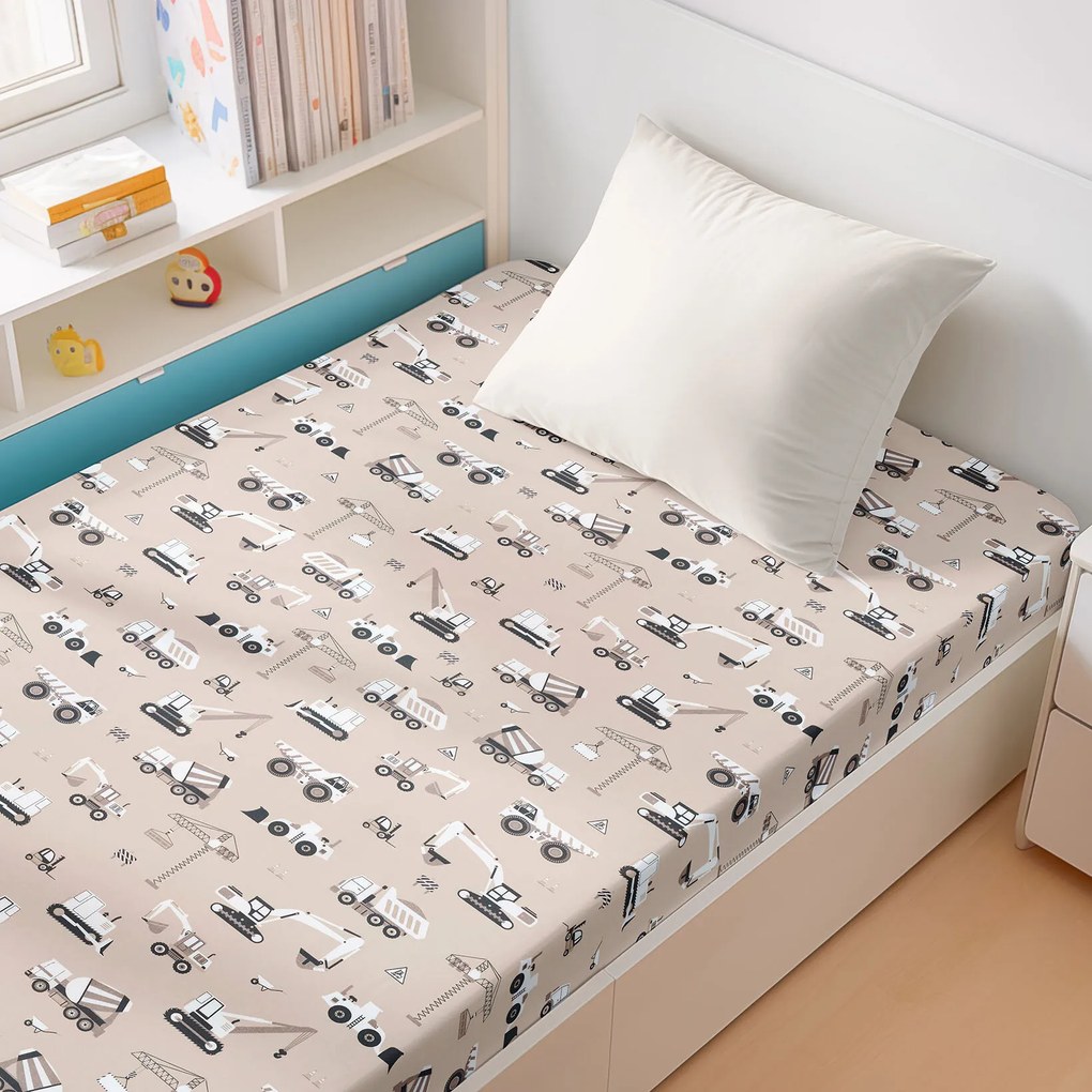 Goldea detská bavlnená napínacia plachta - nákladné autá a bagre na béžovom 90 x 200 cm