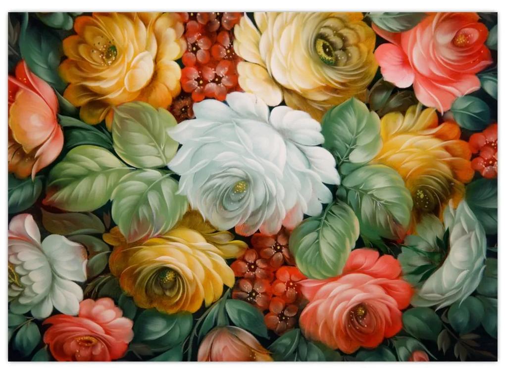 Sklenený obraz maľovanej kytice kvetov (70x50 cm)