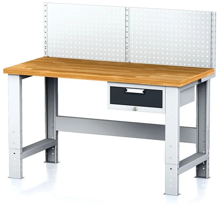 Alfa 3 Nastaviteľný dielenský stôl MECHANIC I, závesný box na náradie, nadstavba, 1 zásuvka, 1500x685x700-1055 mm, antracit