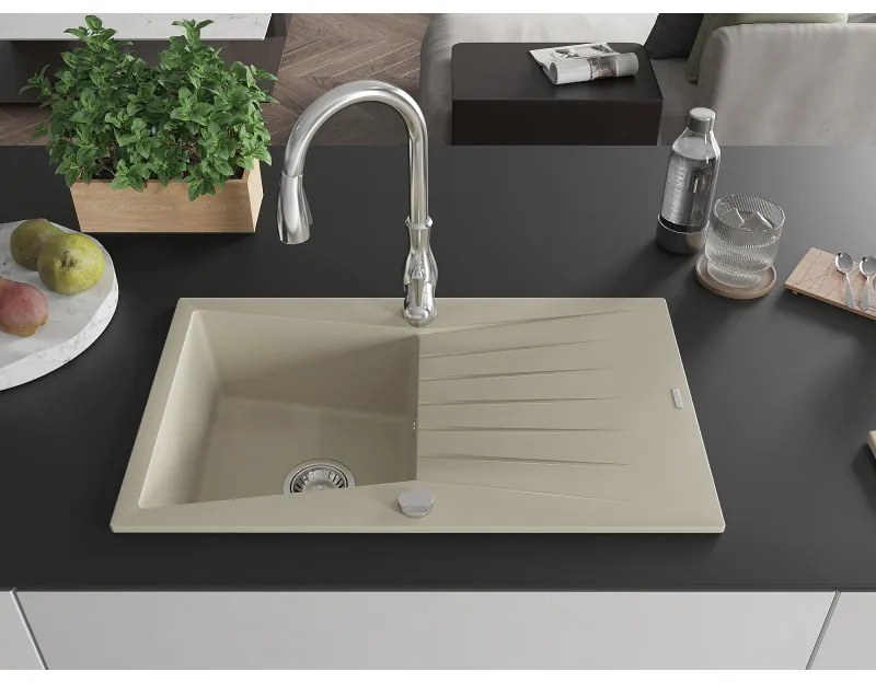 Mexen Cesar, 1-komorový granitový drez 775x470x190 mm a drezová batéria Savita, béžová, 6514-69-672601-00