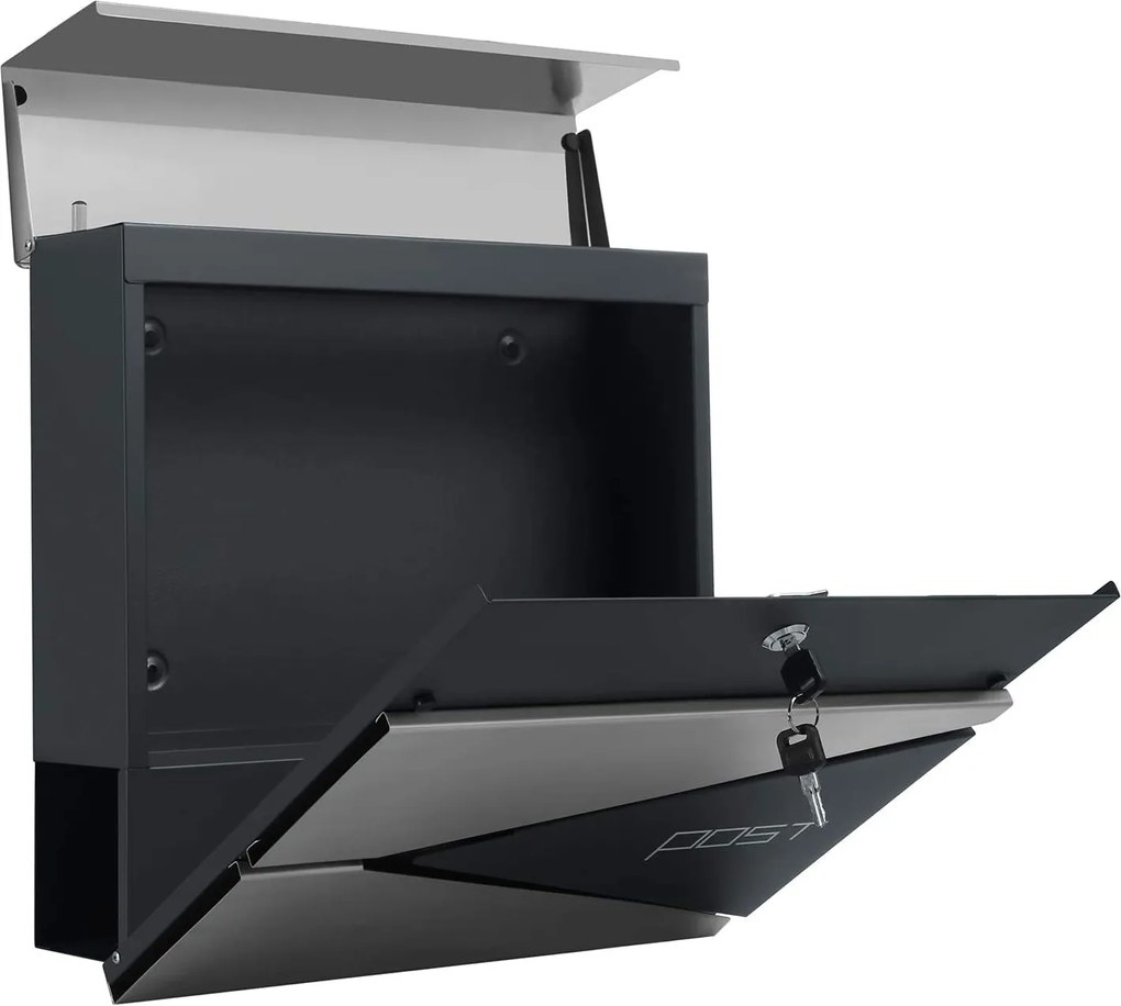 Moderná poštová schránka s priehradkou na noviny, antracitová a strieborná