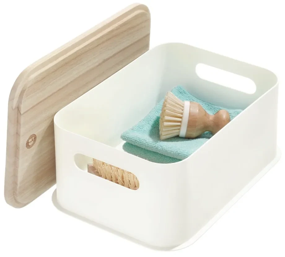 Biely úložný box s vekom z dreva paulownia iDesign Eco Handled, 21,3 x 30,2 cm