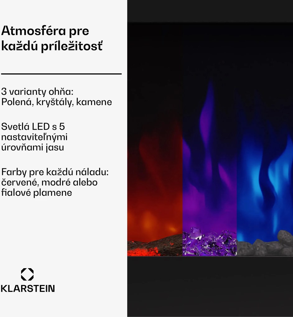 Klarstein Galeras 152, elektrický nástenný krb, 1800 W, LED