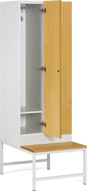 Šatníková skrinka S1 s lavičkou, 2 oddiely, 1875 x 600 x 500/800 mm, otočný zámok, laminované dvere, biela