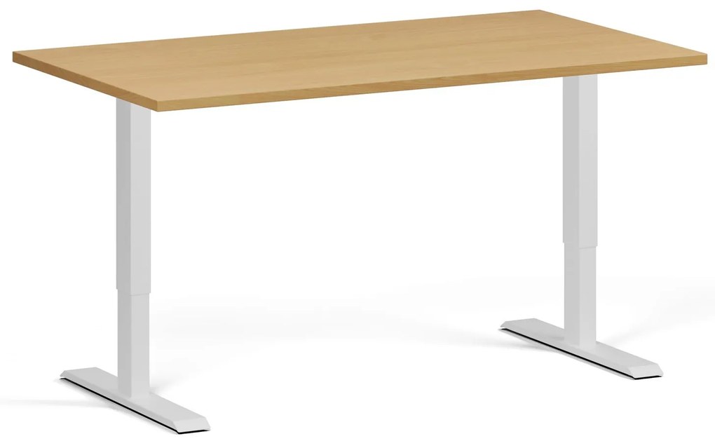 Výškovo nastaviteľný stôl, 140x80 cm, 1 motor, biela podnož, buk