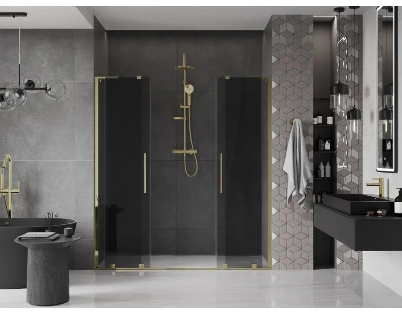 Mexen Velar L Duo, posuvné sprchové dvere do otvoru 180 cm, 8mm šedé sklo, zlatá lesklá, 871-180-003-42-50