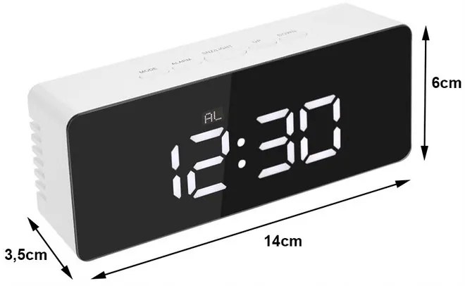 Verk 01457 Multifunkčné zrkadlové hodiny s budíkom a teplomerom bielej