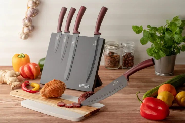 WELLHOX 6 dielna sada nožov s magnetickým stojanom s bordovou rukoväťou