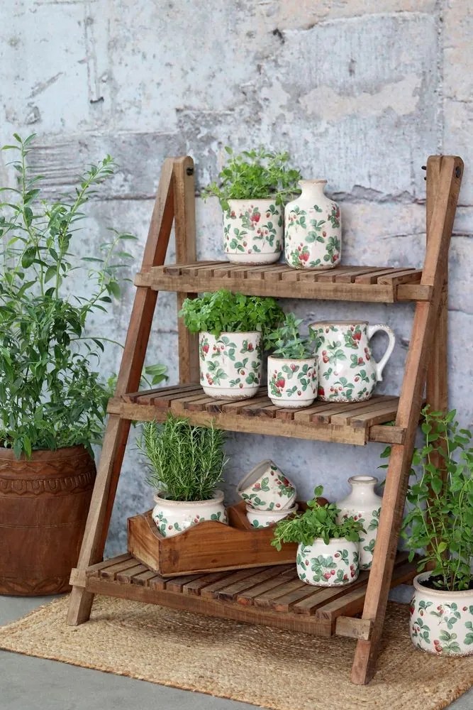 Krémový antik keramický obal na kvetináč s jahôdkami Fraises - Ø 12*9 cm