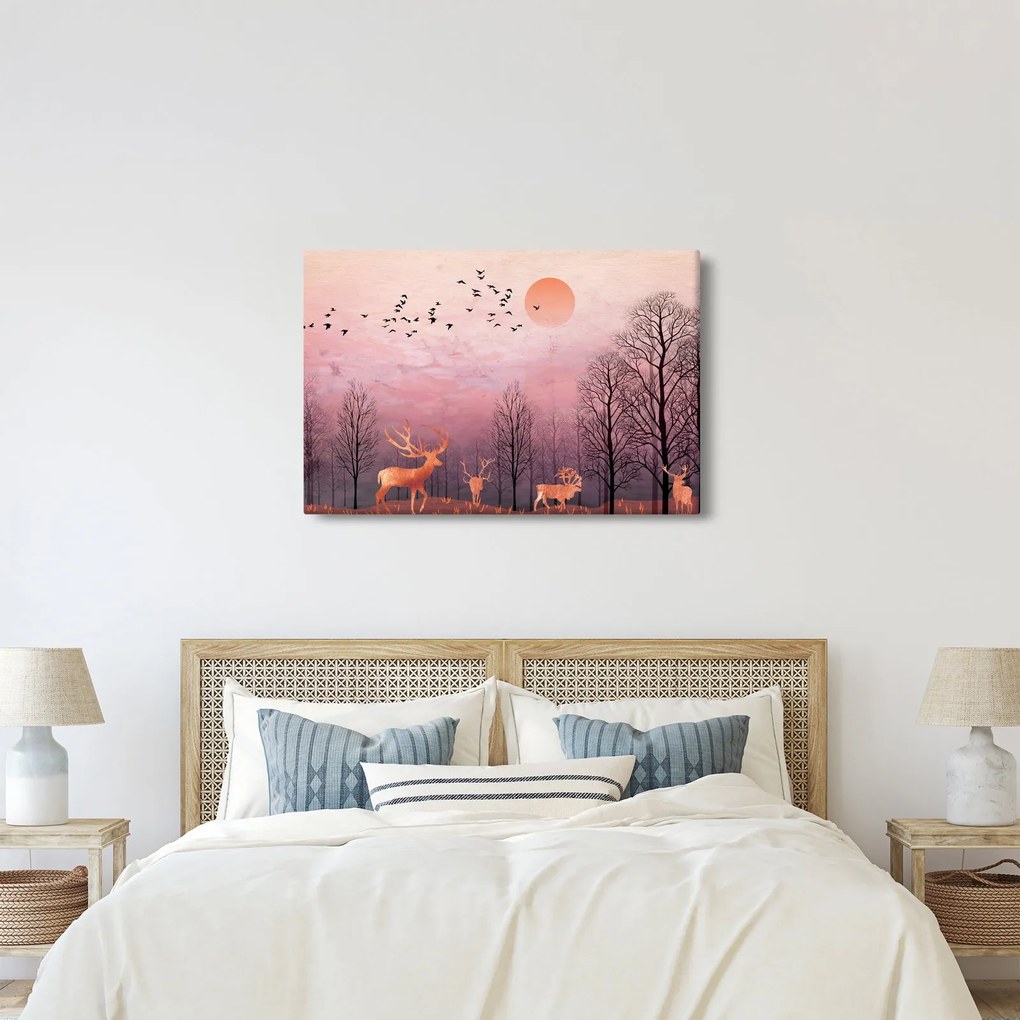 Obraz - Jelene v žiare zapadajúceho slnka (90x60 cm)