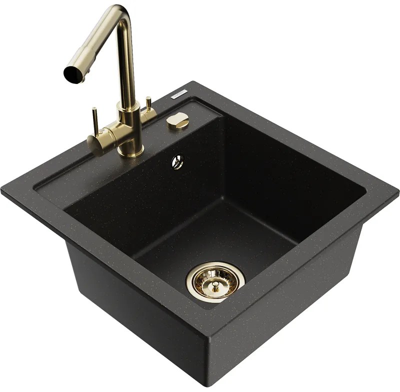 Mexen Vito, 1-komorový granitový drez 520x490x210 mm, zlatá batéria Duero, čierna - zlatá metalíza, 6503-75-671600-50