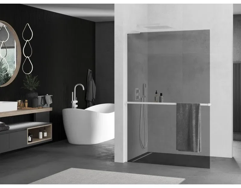 Mexen Kioto+ L, sprchová zástena Walk-In s poličkou a vešiakom 80 x 200 cm, 8mm šedé sklo, biely profil, 800-080-123-20-40