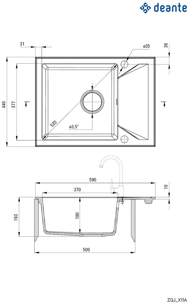 Deante Evora, granitový drez na dosku 590x440x193 mm Z/KO, 3,5" + priestorovo úsporný sifón, 1-komorový, čierna, ZQJ_N11A