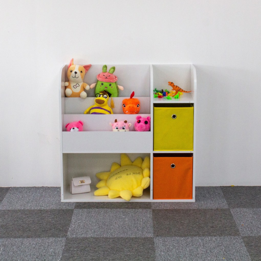Detský regál ECOTOYS 89×35×88 cm, biely s poličkami a 2 textilnými košmi