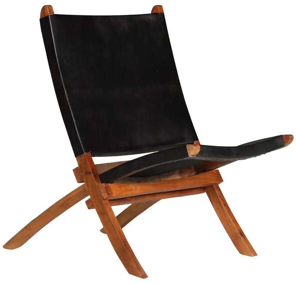 vidaXL Skladacia relaxačná stolička, čierna, pravá koža