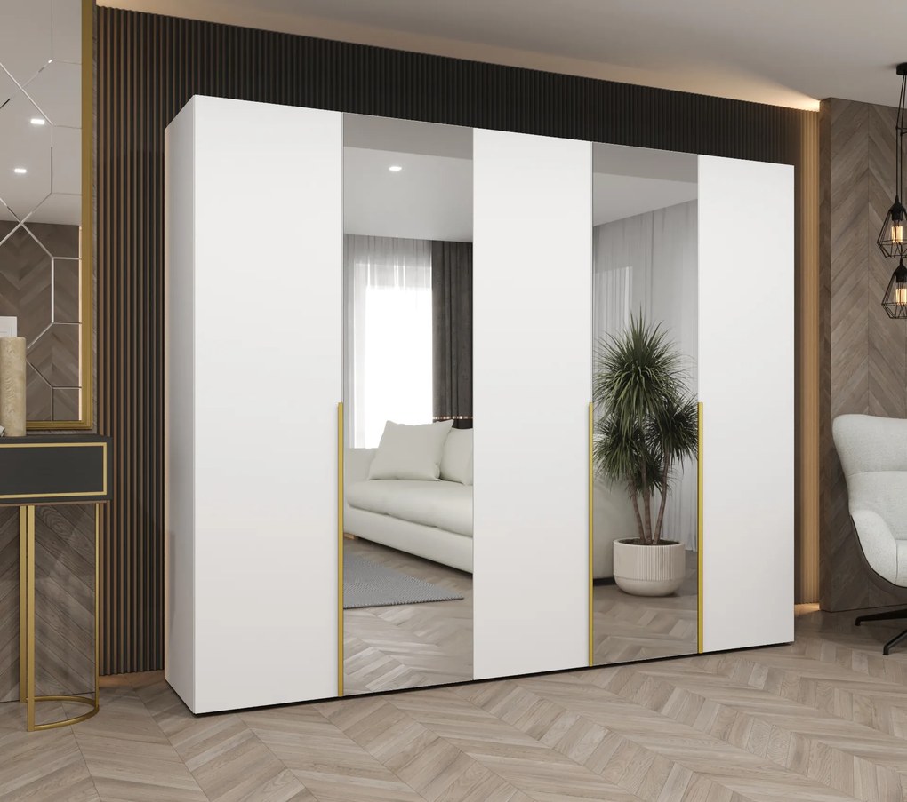 Šatníková skriňa 250 cm Alice 2 (biela + zlatá). Akcia -20%. Vlastná spoľahlivá doprava až k Vám domov. 1126183