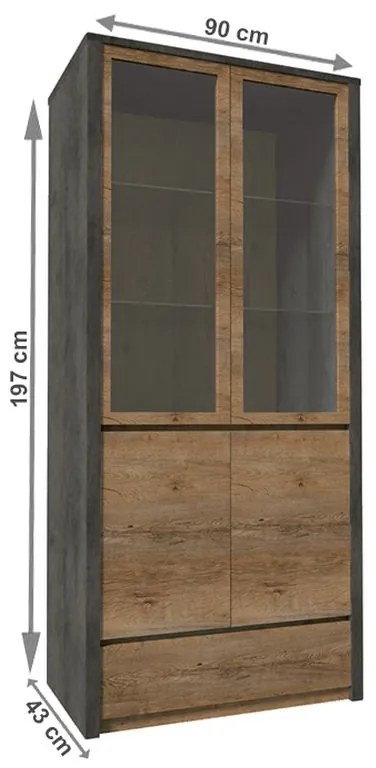 Kondela Vitrína, 90cm, dub lefkas tmavý, smooth sivý, MONTANA W2D