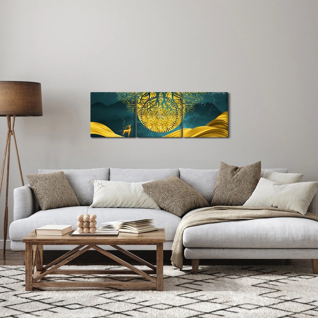 Obraz - Abstrakcia, Zlatá krajina (s hodinami) (90x30 cm)