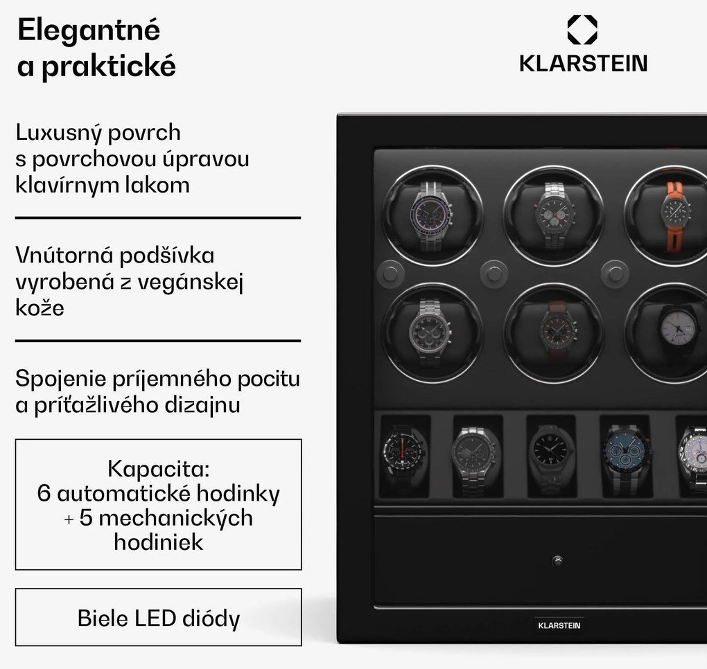 Klarstein ChronoVault naťahovač hodiniek, 6+5 hodiniek, vegánsky, vysoký lesk, 4 režimy, motor Mabuchi, LED, zásuvka