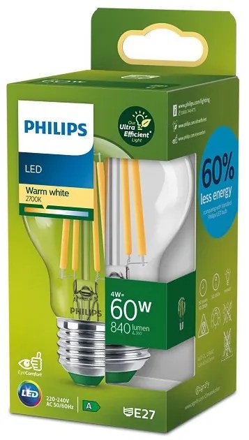 LED žiarovka E27 A60 4W = 60W 840lm 2700K Warm Filament PHILIPS Ultra Efficient